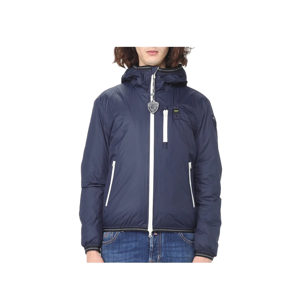 Piumino giubbino corto stile bomber sportivo blu refrigiwear cappuccio