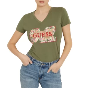 Guess T shirt donna Logo Flowers W4GI23 J1314 G831 Lichen Leaf Green