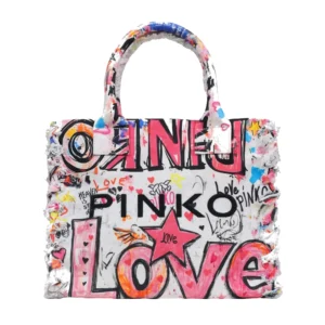Pinko Borsa donna beach shopping canvas 106673 A3B6 ZW0Q Stampa Graffiti Bianco